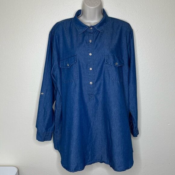 Audrey Lane Chambray Denim Popover Tunic Long Sleeve Roll Tab Cotton Women 2X - Picture 13 of 13